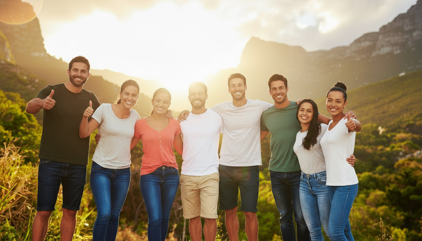 People raising their thumbs toward the sky with both hands