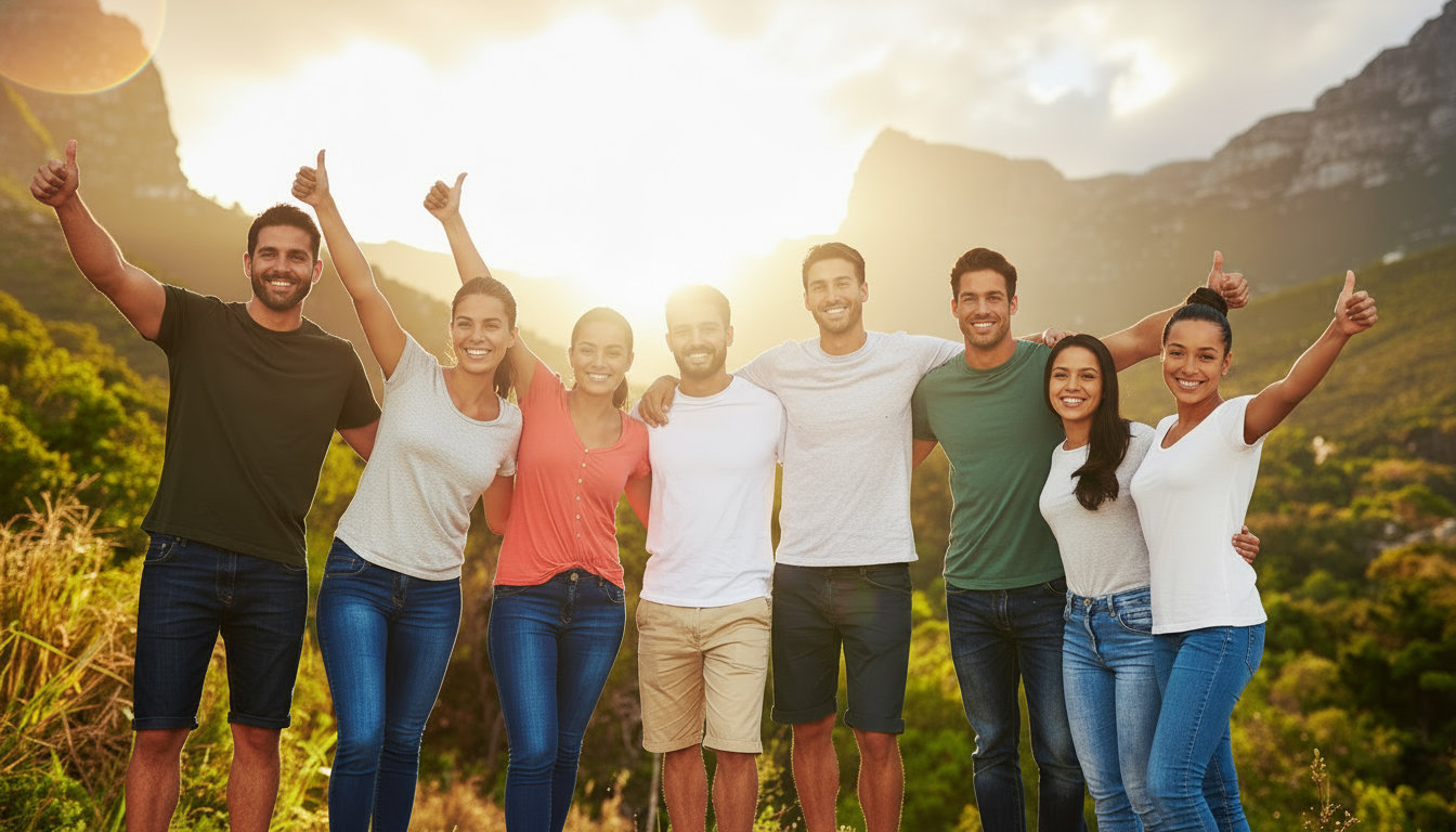 People raising their thumbs upward with both hands
